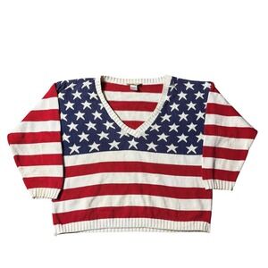 Vintage Golden Touch USA Flag Knit Womens Sweater L Patriotic Stars V Neck